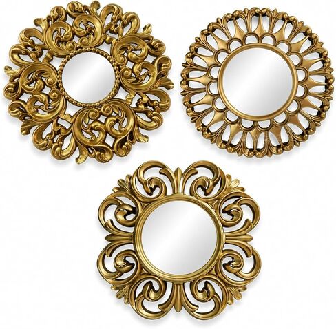 Mifoci Vintage French Wall Mirror Set of 3 Antique Decorative Gallery Wall Mirror Gold Hanging Antique Art Decor Ornate Baroque Style for Living Room Bedroom Home Decor(Round) in Saudi Arabia