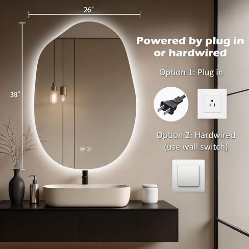LED Bathroom Mirror with Lights, 26x38 Inch LED Bathroom Vanity Mirror Smart Backlit Mirror for Bathroom with 3 Colors, Dimmable, Anti-Fog, Memory, Al-Alloy Lampshade (Horizontal/Vertical) in Saudi Arabia