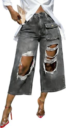 Women's High Waisted Ripped Cargo Capri Jeans Y2K Baggy Cropped Wide Leg Distressed Denim Pants Culottes Streetwear in Saudi Arabia