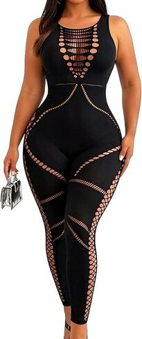 Sexy Jumpsuits for Women Going Out, Fishnet Club Outfits One Piece Black Bodycon Sleeveless Mesh Jumpsuit Rave Birthday in Kuwait