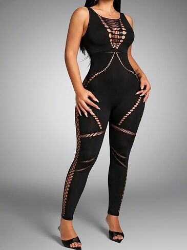Sexy Jumpsuits for Women Going Out, Fishnet Club Outfits One Piece Black Bodycon Sleeveless Mesh Jumpsuit Rave Birthday in Kuwait