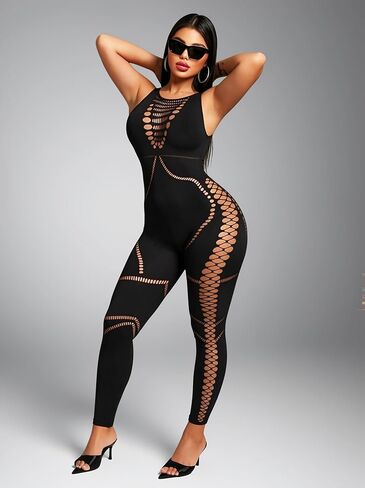 Sexy Jumpsuits for Women Going Out, Fishnet Club Outfits One Piece Black Bodycon Sleeveless Mesh Jumpsuit Rave Birthday in Kuwait
