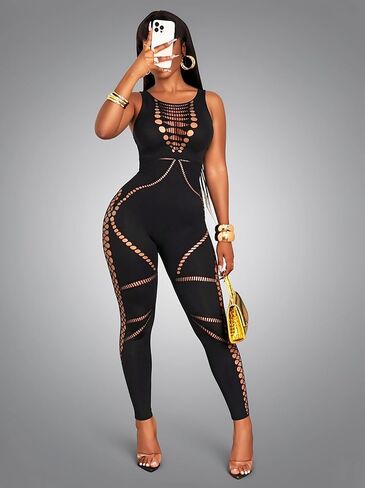 Sexy Jumpsuits for Women Going Out, Fishnet Club Outfits One Piece Black Bodycon Sleeveless Mesh Jumpsuit Rave Birthday in Kuwait
