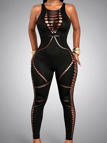 Sexy Jumpsuits for Women Going Out, Fishnet Club Outfits One Piece Black Bodycon Sleeveless Mesh Jumpsuit Rave Birthday in Saudi Arabia