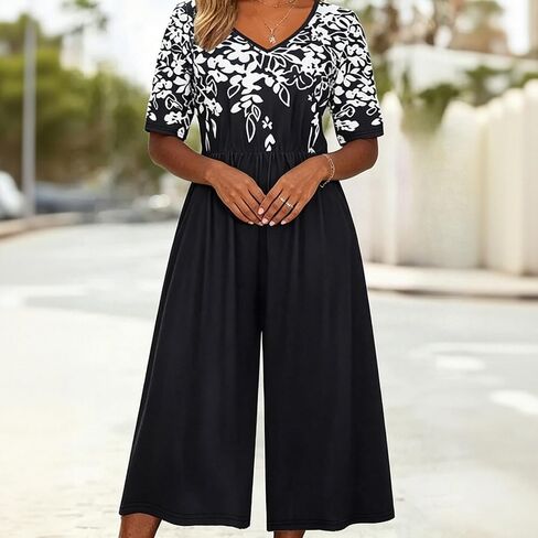 Women's Summer Floral Print V Neck Short Sleeve Elastic Waist Wide Leg Cropped Casual Jumpsuit With Pockets in Kuwait