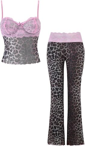 Verdusa Women's 2 Piece Y2k Leopard Outfits Rave Lace Crop Camisole Tops and Flare Pants Party Outfit in Kuwait