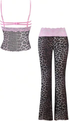 Verdusa Women's 2 Piece Y2k Leopard Outfits Rave Lace Crop Camisole Tops and Flare Pants Party Outfit in Kuwait