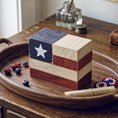4th of July Decorations, Patriotic Decor Rustic American Flag Wooden Blocks Set, Vintage Farmhouse Tabletop Decor for Memorial Day Decorations, Independence Day Decorations, Mantel, Shelf, Home in Saudi Arabia