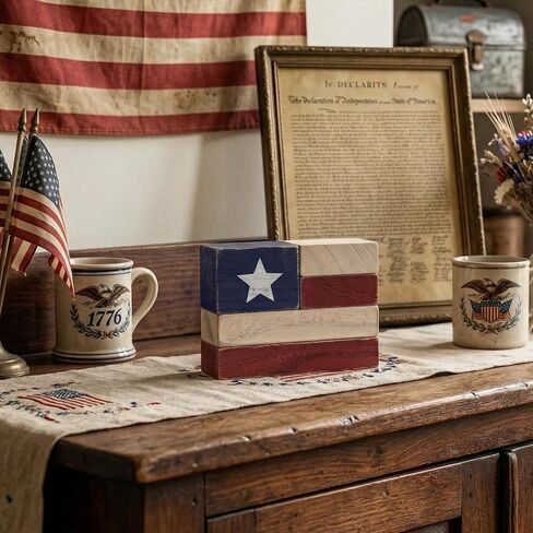 4th of July Decorations, Patriotic Decor Rustic American Flag Wooden Blocks Set, Vintage Farmhouse Tabletop Decor for Memorial Day Decorations, Independence Day Decorations, Mantel, Shelf, Home in Saudi Arabia