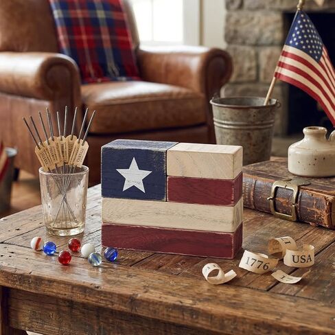 4th of July Decorations, Patriotic Decor Rustic American Flag Wooden Blocks Set, Vintage Farmhouse Tabletop Decor for Memorial Day Decorations, Independence Day Decorations, Mantel, Shelf, Home in Saudi Arabia