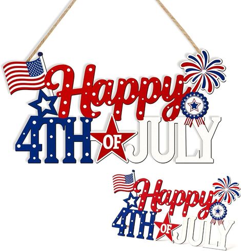 4th of July Decorations for Front Door, Wooden Patriotic Door Wreath, Fourth of July Door Hanger Sign, Hollow Independence Day Red White and Blue Decorations for Indoor Outdoor Porch Wall Table Home in Saudi Arabia