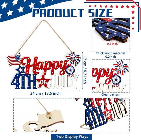 4th of July Decorations for Front Door, Wooden Patriotic Door Wreath, Fourth of July Door Hanger Sign, Hollow Independence Day Red White and Blue Decorations for Indoor Outdoor Porch Wall Table Home in Saudi Arabia
