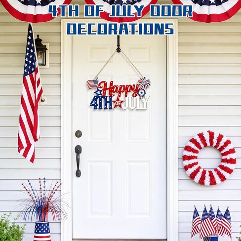 4th of July Decorations for Front Door, Wooden Patriotic Door Wreath, Fourth of July Door Hanger Sign, Hollow Independence Day Red White and Blue Decorations for Indoor Outdoor Porch Wall Table Home in Saudi Arabia