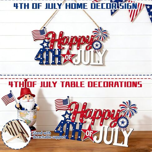 4th of July Decorations for Front Door, Wooden Patriotic Door Wreath, Fourth of July Door Hanger Sign, Hollow Independence Day Red White and Blue Decorations for Indoor Outdoor Porch Wall Table Home in Saudi Arabia