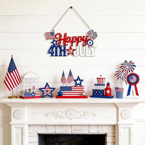 4th of July Decorations for Front Door, Wooden Patriotic Door Wreath, Fourth of July Door Hanger Sign, Hollow Independence Day Red White and Blue Decorations for Indoor Outdoor Porch Wall Table Home in Saudi Arabia
