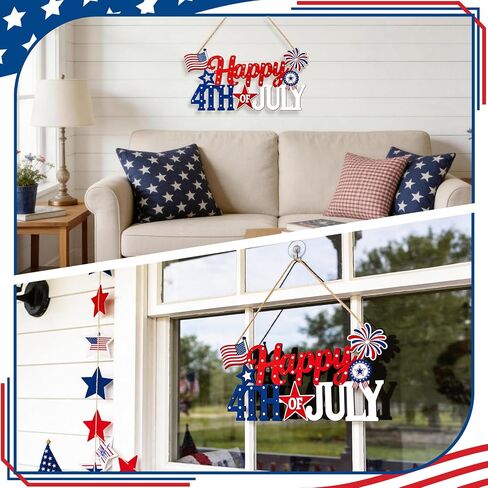 4th of July Decorations for Front Door, Wooden Patriotic Door Wreath, Fourth of July Door Hanger Sign, Hollow Independence Day Red White and Blue Decorations for Indoor Outdoor Porch Wall Table Home in Saudi Arabia