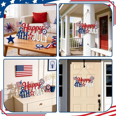 4th of July Decorations for Front Door, Wooden Patriotic Door Wreath, Fourth of July Door Hanger Sign, Hollow Independence Day Red White and Blue Decorations for Indoor Outdoor Porch Wall Table Home in Saudi Arabia