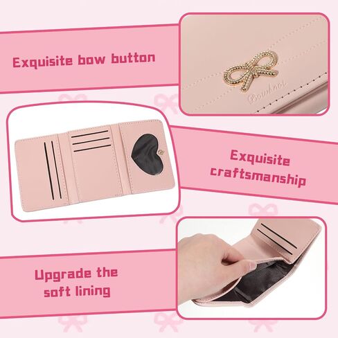 Women Pink Wallets, Cute Coquette Bow Wallet Fashion Small Wallets Aesthetic Credit Card Holder Leather Coin Purse with ID Window for Women in Kuwait