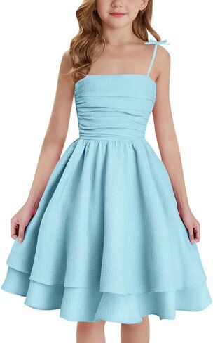 Marchrol Girls Ruched Smocked Spaghetti Strap Dress Casual Solid Color A-Line Dresses in Saudi Arabia