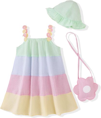Toddler Girls Summer Dresses 3-Pieces Casual Sleeveless Sundress Girls' Flower Strap Dress with Bag and Hat Outfits in Saudi Arabia