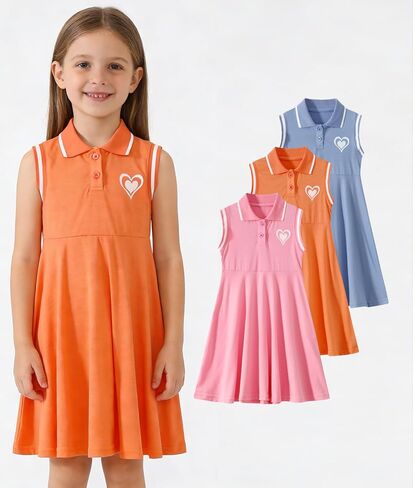 Girls Dress 3 Pcs Heart Print Ruffle Swing Flowy Dresses Casual Printed A-line Sundress Summer in Kuwait