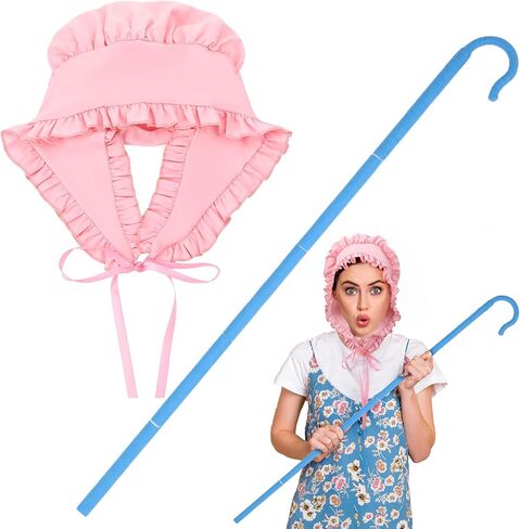 2 Pcs Shepherdess Costume,Pink Medieval Bonnet&Blue Staff for Women Children Carnival Halloween Cosplay Party in Kuwait