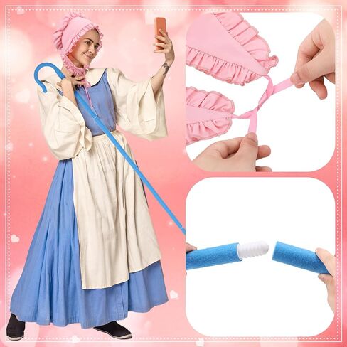 2 Pcs Shepherdess Costume,Pink Medieval Bonnet&Blue Staff for Women Children Carnival Halloween Cosplay Party in Kuwait