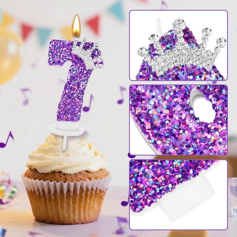 Purple Crown Birthday Candles, 2.76 Inch Glitter Number 7 Candle with Sequins, Cake Topper Decorations for Girls and Women Birthday Party Anniversary Celebrations Supplies in Saudi Arabia