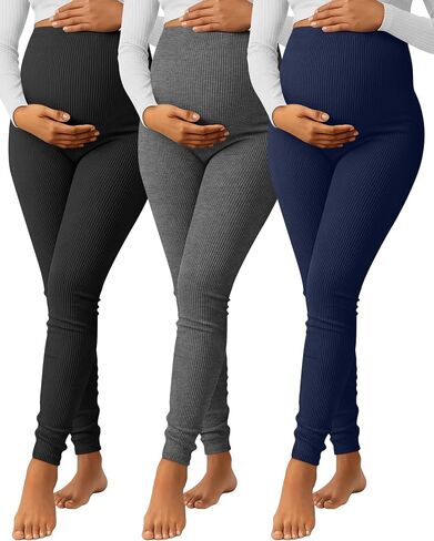 3 قطع من سراويل الحمل النسائية من القطن المضلع فوق البطن سراويل ضيقة للحوامل للمنزل بيجامة غير رسمية in Kuwait