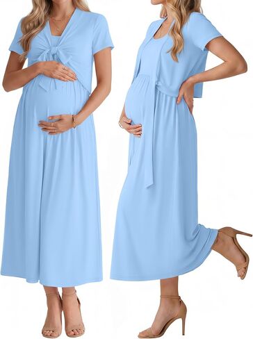 Baby Shower 2 Piece Maternity Outfit Maxi Dress Cardigan Set Pregnancy Summer Sleeveless Tank Dresses with Pockets in Saudi Arabia