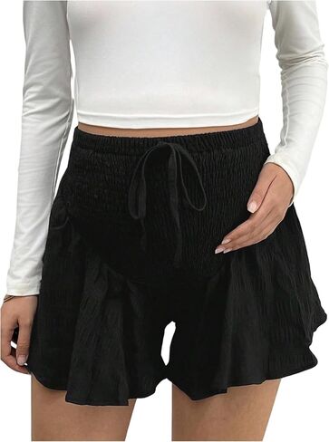 OYOANGLE Women's Maternity Wide Leg Shorts Textured Drawstring High Waisted Summer Casual Flowy Shorts in Kuwait