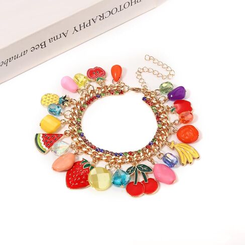 Fruit Bracelet for Women Novelty Colorful Crystal Beads Strawberry Cherry Pineapple Banana Apple Watermelon Charm Friendship Bangle Bracelet Fun Summer Holiday Party Wrist Jewelry Gifts in Saudi Arabia