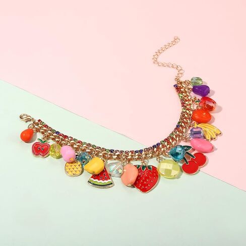 Fruit Bracelet for Women Novelty Colorful Crystal Beads Strawberry Cherry Pineapple Banana Apple Watermelon Charm Friendship Bangle Bracelet Fun Summer Holiday Party Wrist Jewelry Gifts in Saudi Arabia