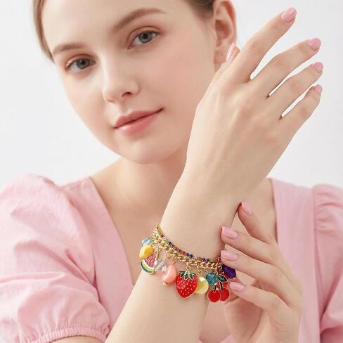 Fruit Bracelet for Women Novelty Colorful Crystal Beads Strawberry Cherry Pineapple Banana Apple Watermelon Charm Friendship Bangle Bracelet Fun Summer Holiday Party Wrist Jewelry Gifts in Saudi Arabia