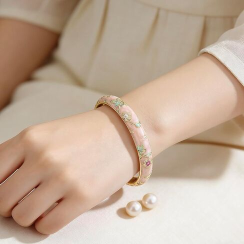 Vintage Chinoiserie Cloisonne Floral Bangle Bracelet For Women Elegant Vibrant Ethnic Jewelry Summer Daily Wear Open Cuff Design in Saudi Arabia