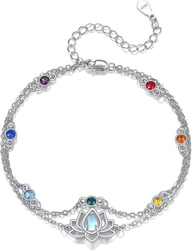 Lotus Chakra Bracelet Sterling Silver S925 Moonstone Lotus Chakras Double Layered Bracelet Yoga Spiritual Jewelry For Women Female Healing Energy Gifts in Kuwait