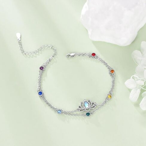 Lotus Chakra Bracelet Sterling Silver S925 Moonstone Lotus Chakras Double Layered Bracelet Yoga Spiritual Jewelry For Women Female Healing Energy Gifts in Kuwait