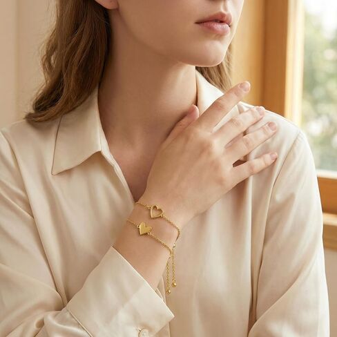 Camhanno Gold Bracelets for Women, Waterproof Stainless Steel Double Heart Chain Bracelet, Symbol of Love & Friendship, Adjustable Dainty Jewelry Gift for Valentine’s Day, Birthday, Anniversary, Christmas in Saudi Arabia