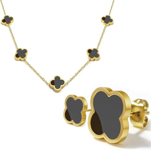 Clover Jewelry Set for Women 18K Gold Plated Four Leaf Stud Earring and Necklace Set Stainless Steel Adjustable Link Chain Lucky Simple Fashion Jewelry Gifts for Women 2Pcs in Saudi Arabia