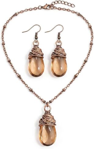 Bohemian Brown Jewelry Set for Women,Teardrop Amber Stone Necklace and Dangle Earrings Set,Vintage Boho Western Jewelry Gift for Women Everyday & Party Wear in Kuwait