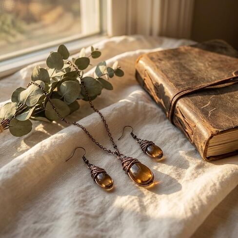 Bohemian Brown Jewelry Set for Women,Teardrop Amber Stone Necklace and Dangle Earrings Set,Vintage Boho Western Jewelry Gift for Women Everyday & Party Wear in Kuwait