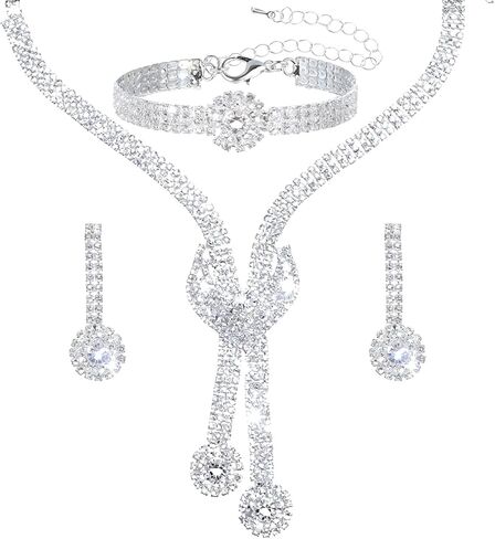 Yolev Silver Wedding Jewelry Sets for Women Rhinestone Necklace Earrings Bracelet Sets Bling Crystal Bridal Jewelry Set for Wedding Women and Brides in Kuwait