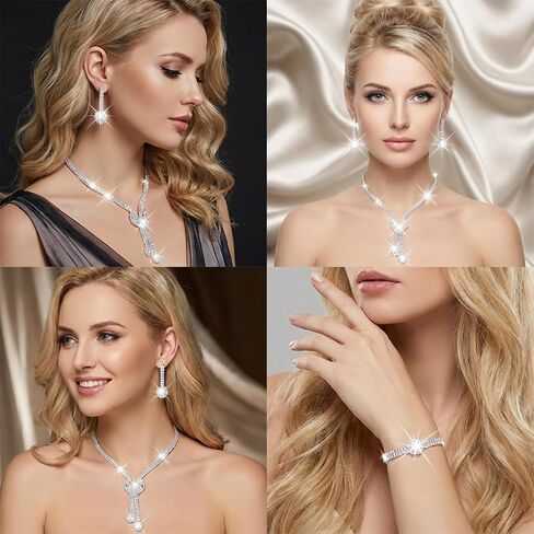 Yolev Silver Wedding Jewelry Sets for Women Rhinestone Necklace Earrings Bracelet Sets Bling Crystal Bridal Jewelry Set for Wedding Women and Brides in Kuwait