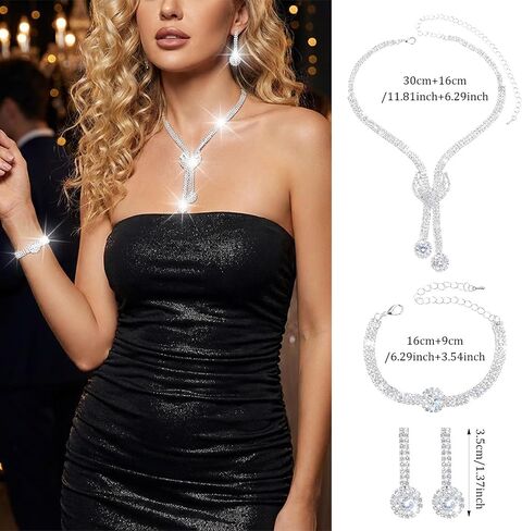 Yolev Silver Wedding Jewelry Sets for Women Rhinestone Necklace Earrings Bracelet Sets Bling Crystal Bridal Jewelry Set for Wedding Women and Brides in Kuwait