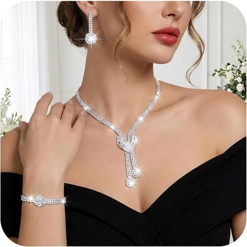 Yolev Silver Wedding Jewelry Sets for Women Rhinestone Necklace Earrings Bracelet Sets Bling Crystal Bridal Jewelry Set for Wedding Women and Brides in Kuwait
