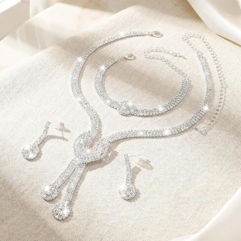 Yolev Silver Wedding Jewelry Sets for Women Rhinestone Necklace Earrings Bracelet Sets Bling Crystal Bridal Jewelry Set for Wedding Women and Brides in Kuwait