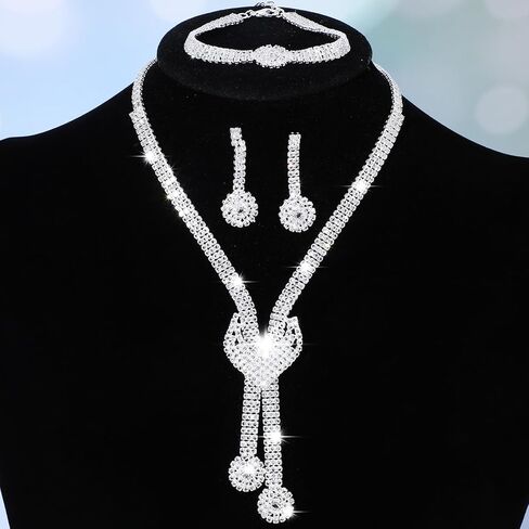 Yolev Silver Wedding Jewelry Sets for Women Rhinestone Necklace Earrings Bracelet Sets Bling Crystal Bridal Jewelry Set for Wedding Women and Brides in Kuwait