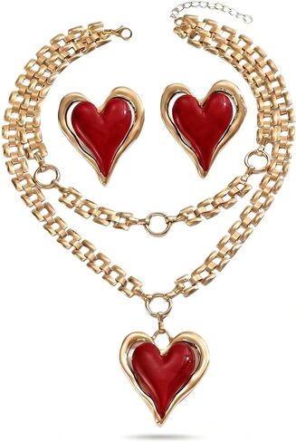 Chunky Gold Heart Necklace & Earrings Set for Women - 14K Gold Plated Statement Jewelry, Waterproof Non Tarnish Hypoallergenic Gift Set (Black 02) (Red 02) in Saudi Arabia