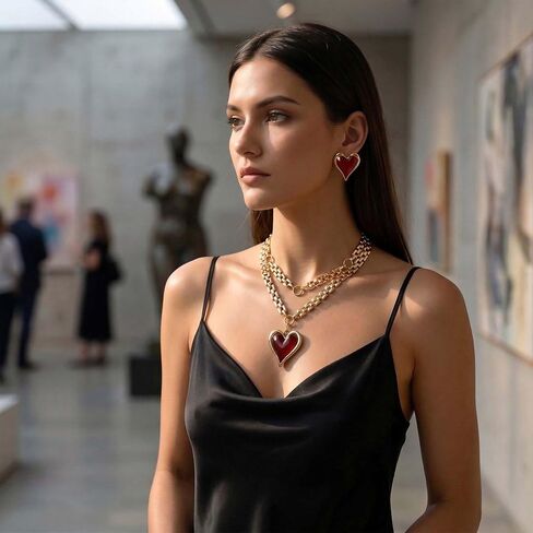 Chunky Gold Heart Necklace & Earrings Set for Women - 14K Gold Plated Statement Jewelry, Waterproof Non Tarnish Hypoallergenic Gift Set (Black 02) (Red 02) in Saudi Arabia