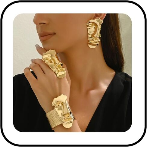 Vintage Human Half Face Jewelry Sets for Women Men Gothic Punk Bracelets Earrings Rings Sets Exaggerated Facial Geometry Rings Bracelets Earrings Set Irregular Geometric Bracelet Earring Ring Holiday Birthday Halloween Party Prom Accessories in Kuwait